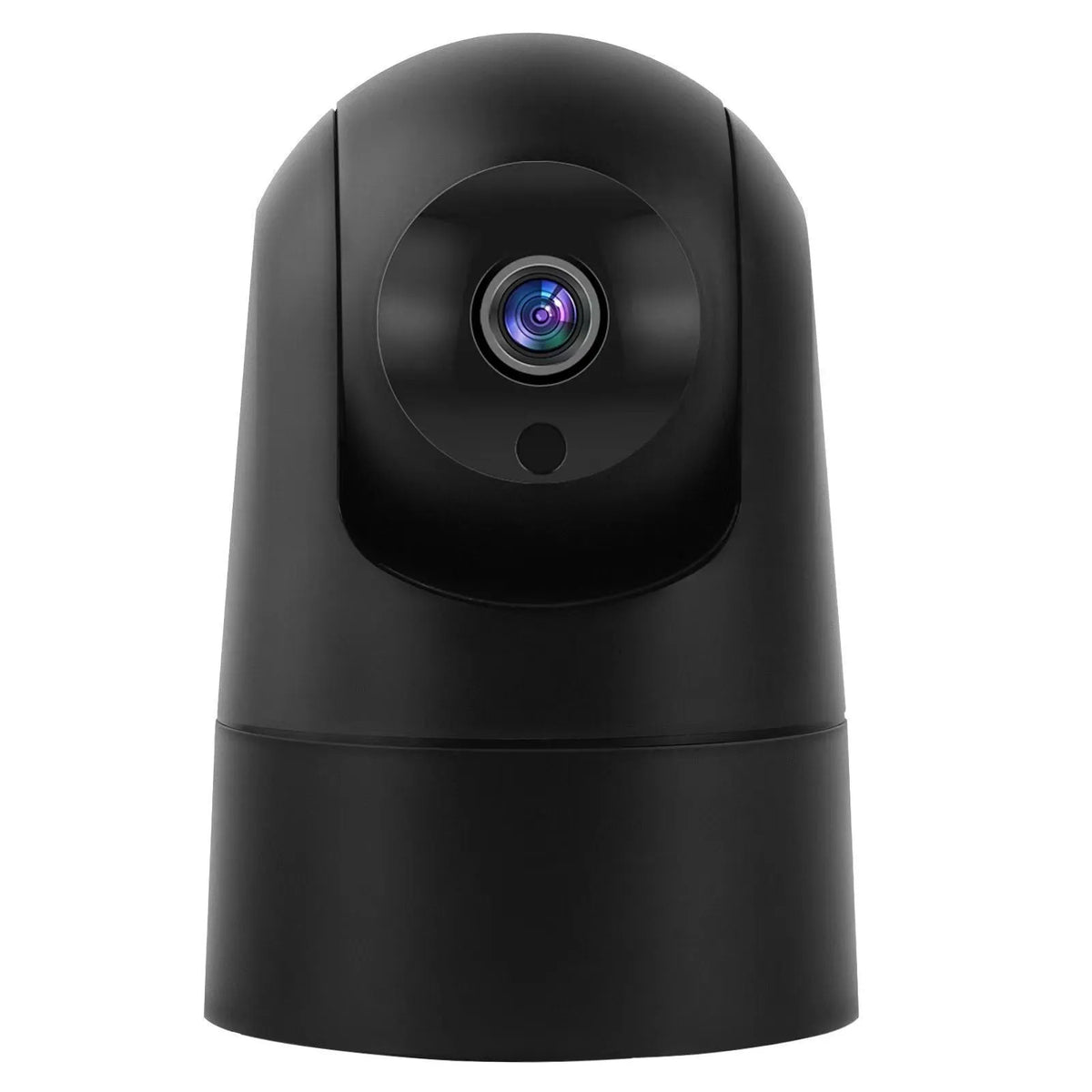 White indoor PTZ security camera on a stand with 360-degree rotation and two-way audio microphone.