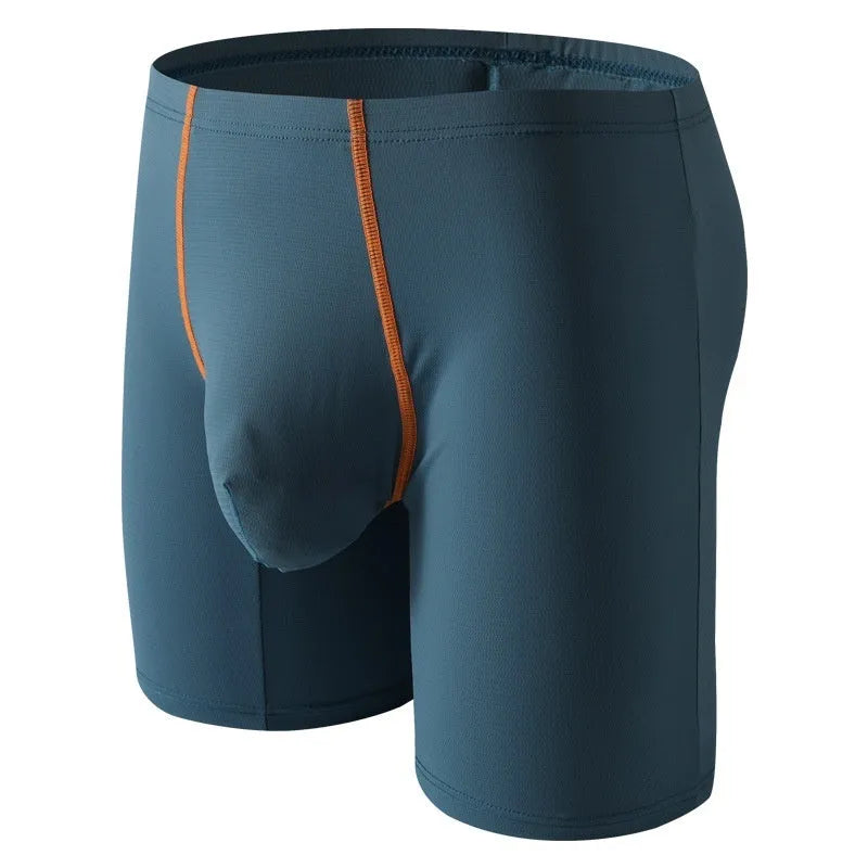 Ice silk nylon men's boxers on a mid-waist hanger, showing the U-convex pouch and available colour options.