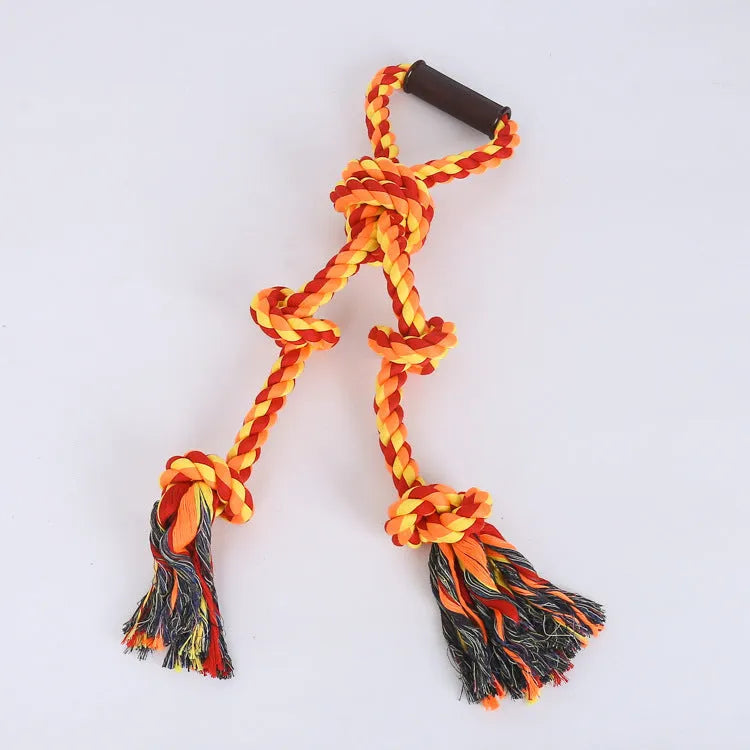 Blue and yellow woven cotton rope dog tug toy with ergonomic handle for large breed dogs.