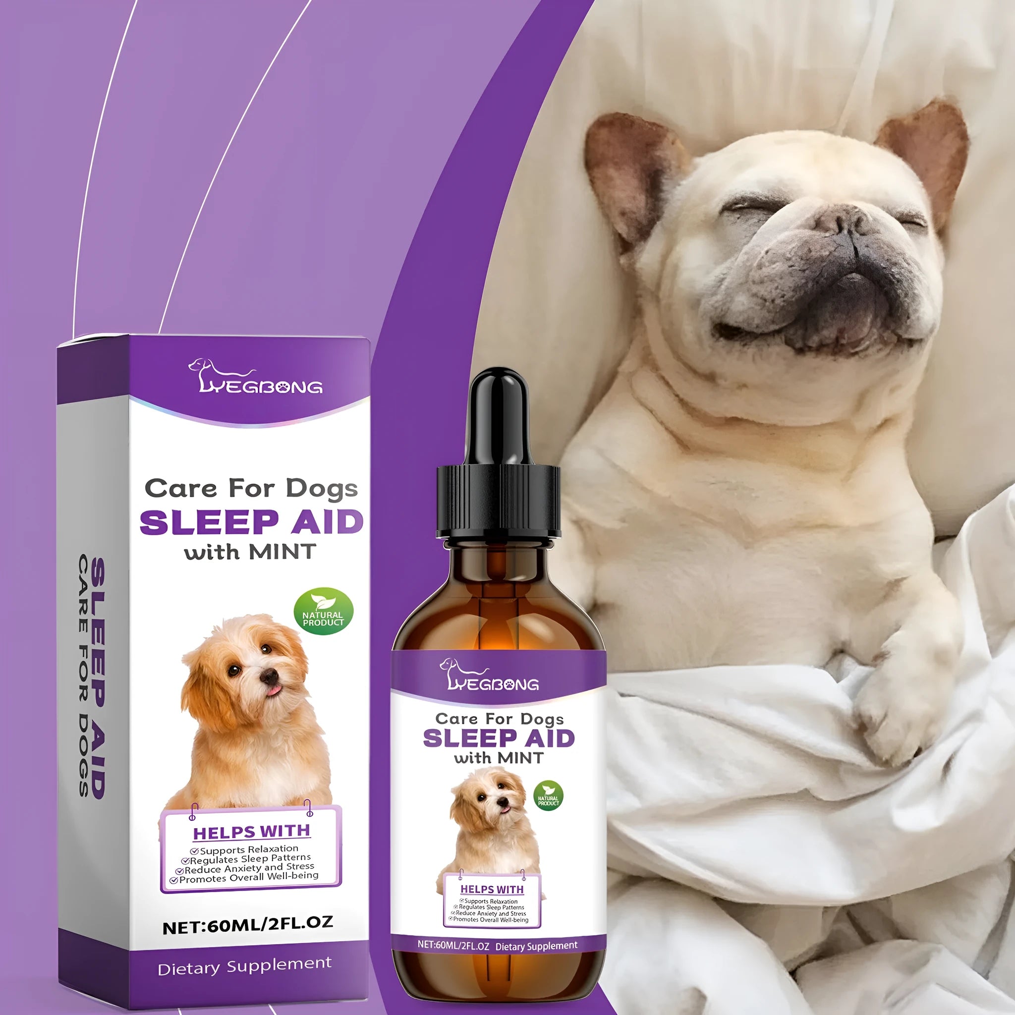 60ml bottle of dog sleep drops with mint extract formula for canine night-time support