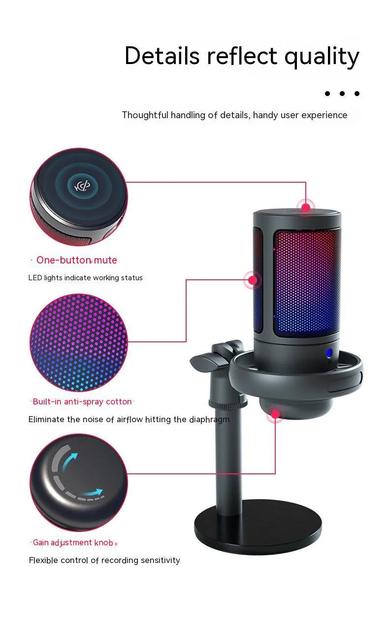 Condenser microphone with RGB lighting in black, white or pink for computer streaming