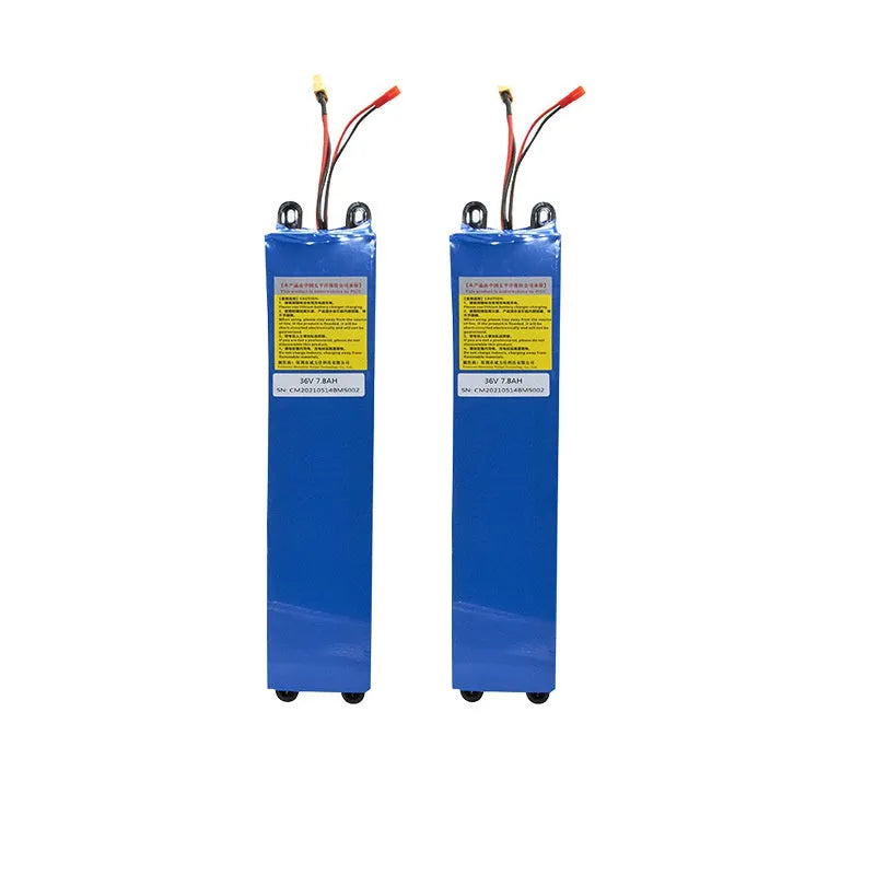 36V lithium battery pack for electric scooters showing three capacity options: 6.6Ah, 7.8Ah and 10.4Ah