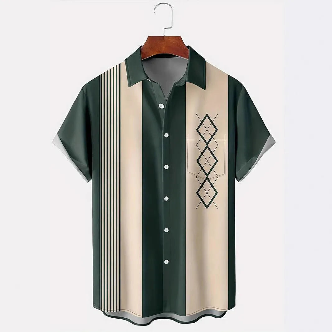 Men's plaid short-sleeved shirt with lapel cardigan style in polyester elastic fabric