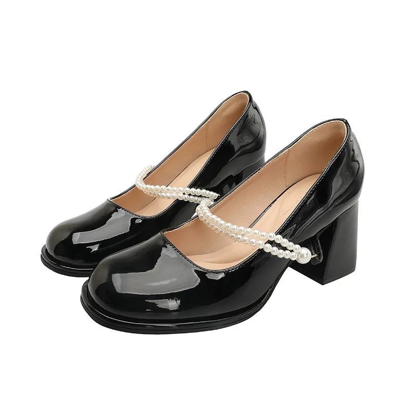 French chunky heel Mary Jane shoes with pearl strap in apricot widened 7CM fit, patent leather round toe