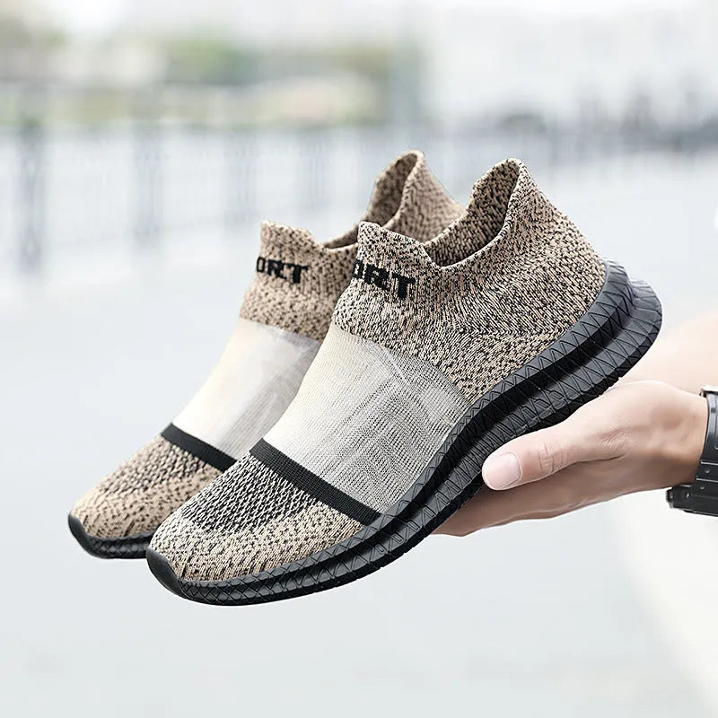 Low-top Flyknit casual sock shoes in khaki colour with lace closure and MD sole.