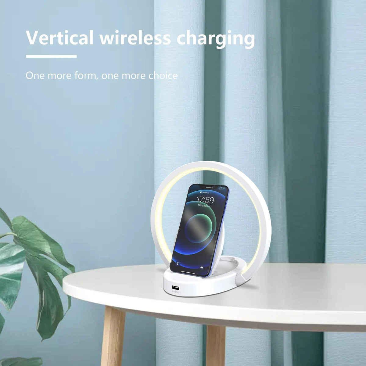 Wireless charging LED desk lamp with Bluetooth speaker, phone holder, and USB port in wood grain finish