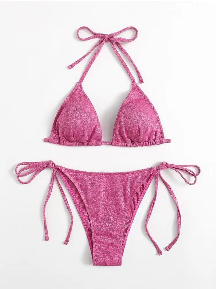 Women's khaki gold bandage bikini swimsuit with split hip detail on the briefs.