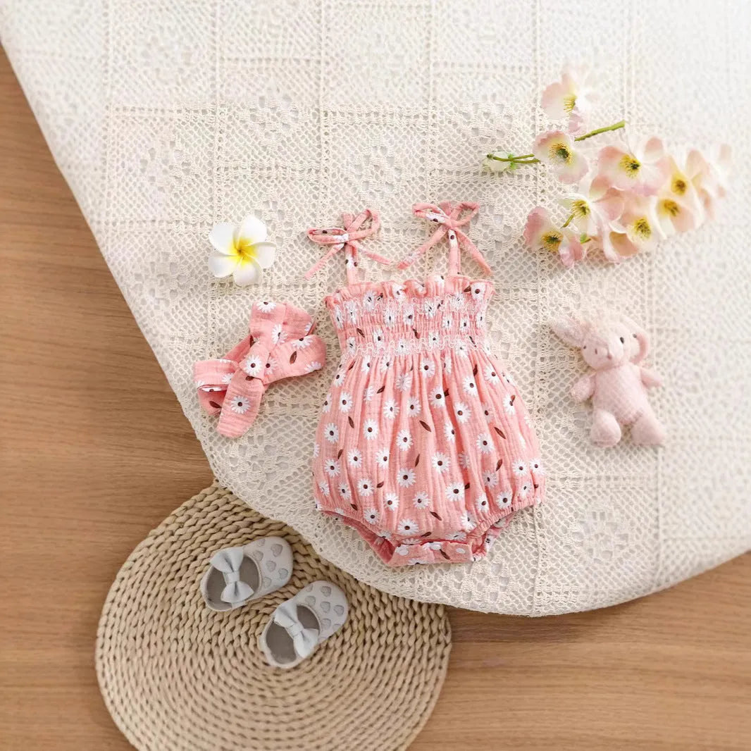 Pink cotton baby girl short-sleeved triangle jumpsuit with bow flower print and matching headband