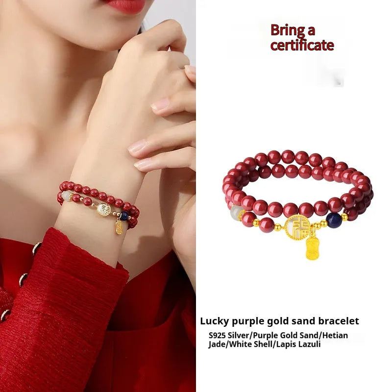 S925 sterling silver bracelet with purple gold sandstone blessing card charm, national style.