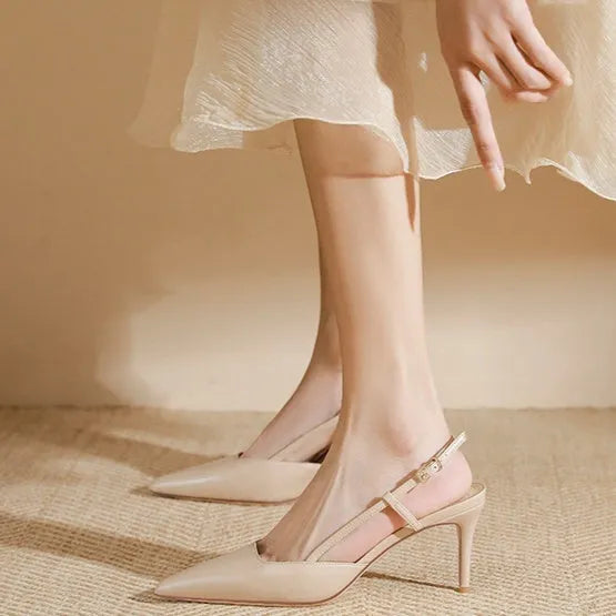 Women's apricot high-heeled sandals with single strap and buckle-toe closure
