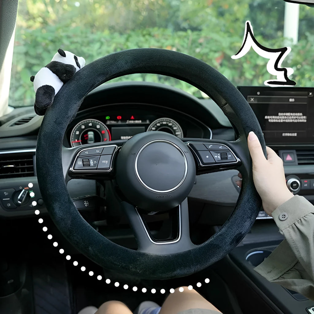 Panda themed plush black steering wheel cover and matching shoulder pad set