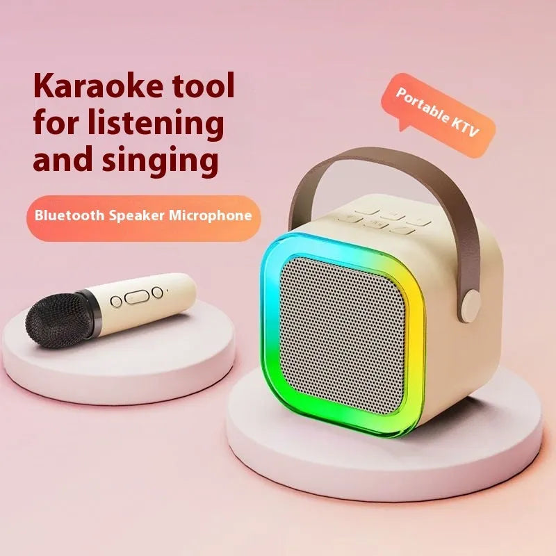 Wireless Bluetooth karaoke microphone and speaker all-in-one in oil white, pink or blue with single or double mic