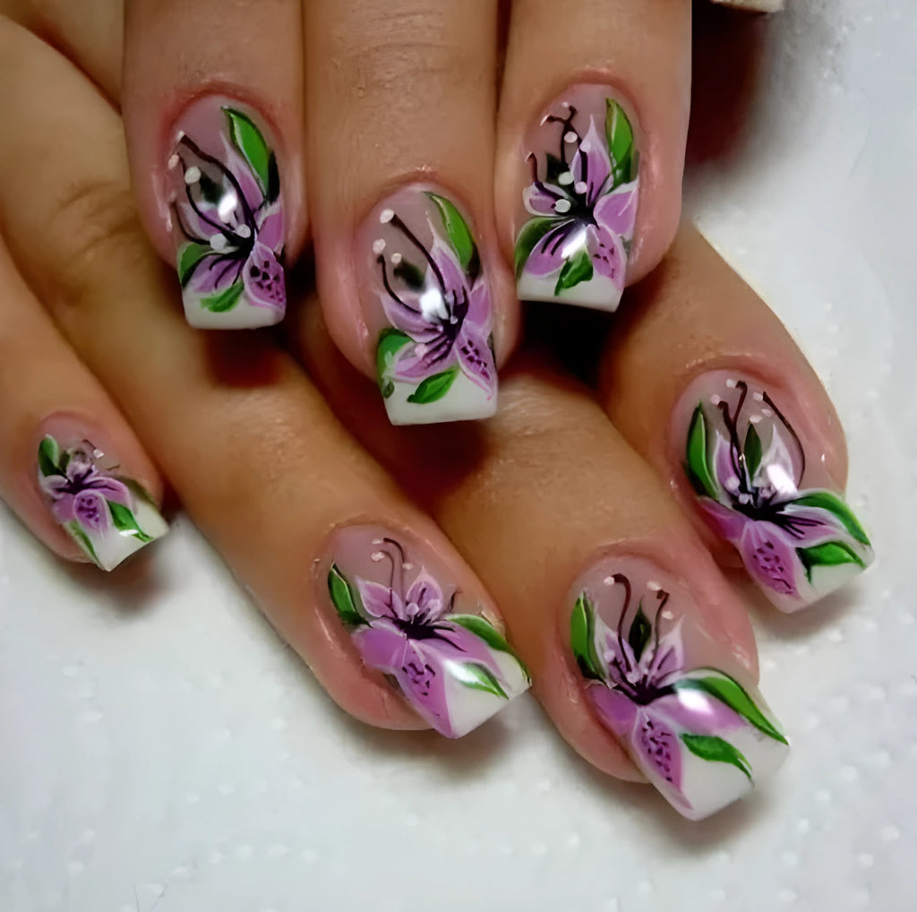 Pastoral style French white lily wearable nail set in jelly glue with European square shape