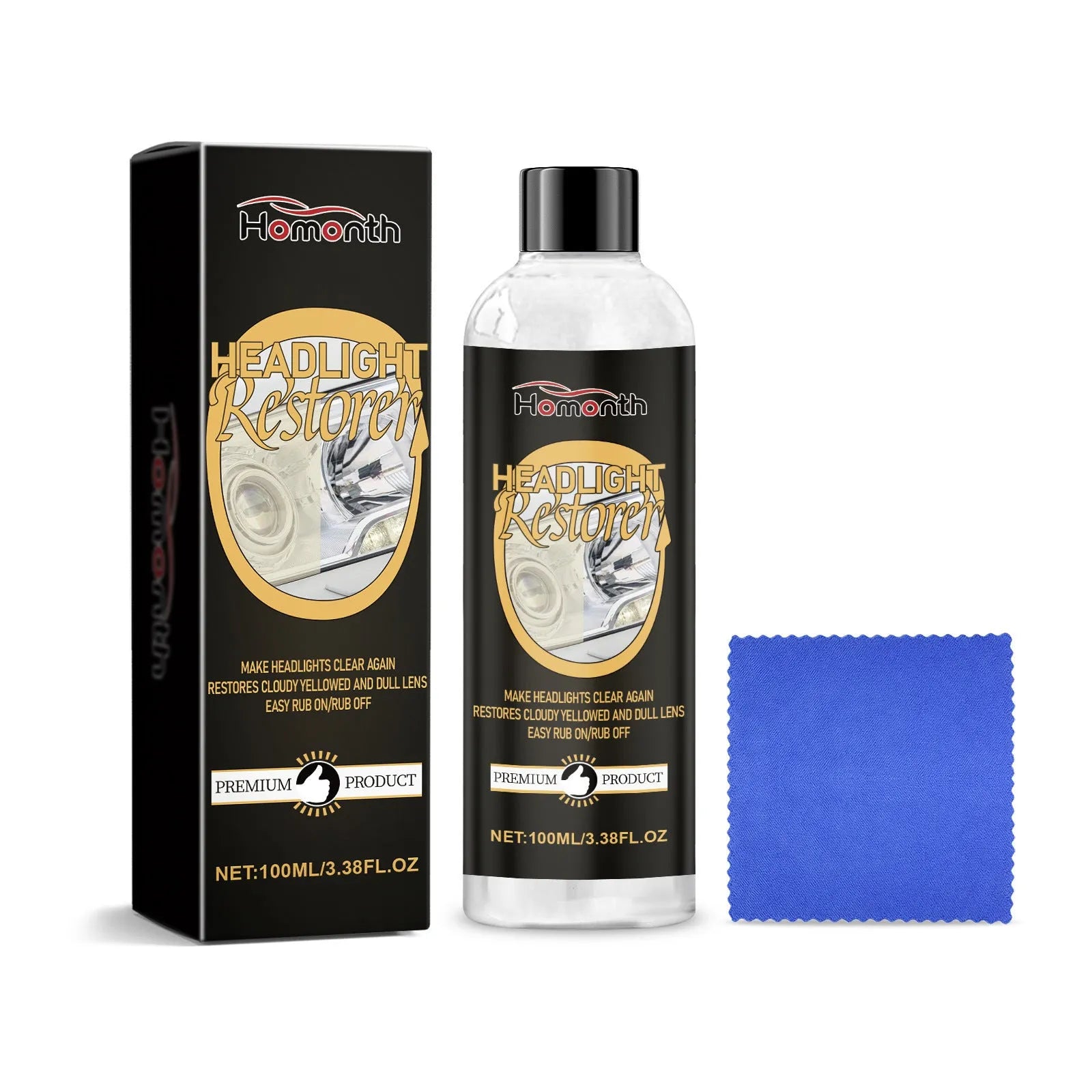 Car headlight polishing kit showing 100ml bottle and 20x20cm microfiber cloth for plastic lens restoration