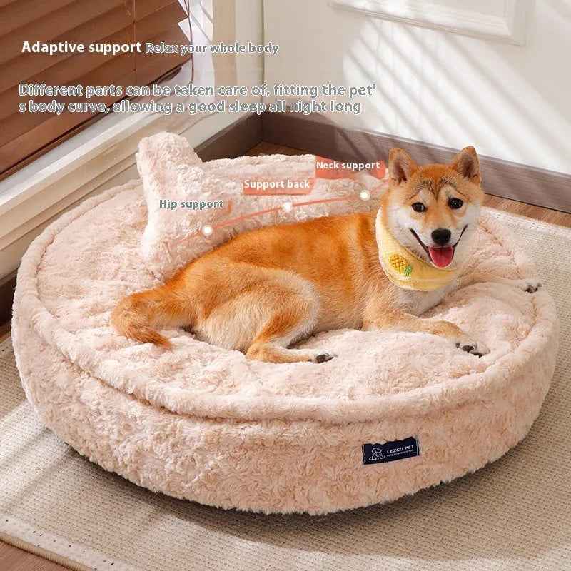 Milk tea coloured washable pet bed with round nest design shown in multiple sizes