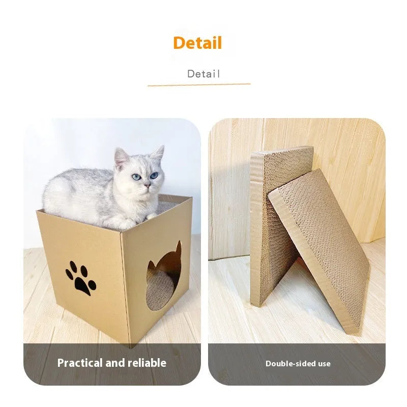 Square corrugated paper cat scratch board with built-in box house in pet milk carton colour