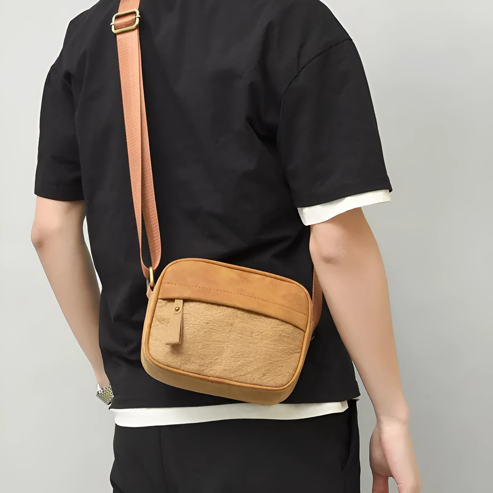 Men's paper crossbody bag with retro styling in black, brown, or silver colour options