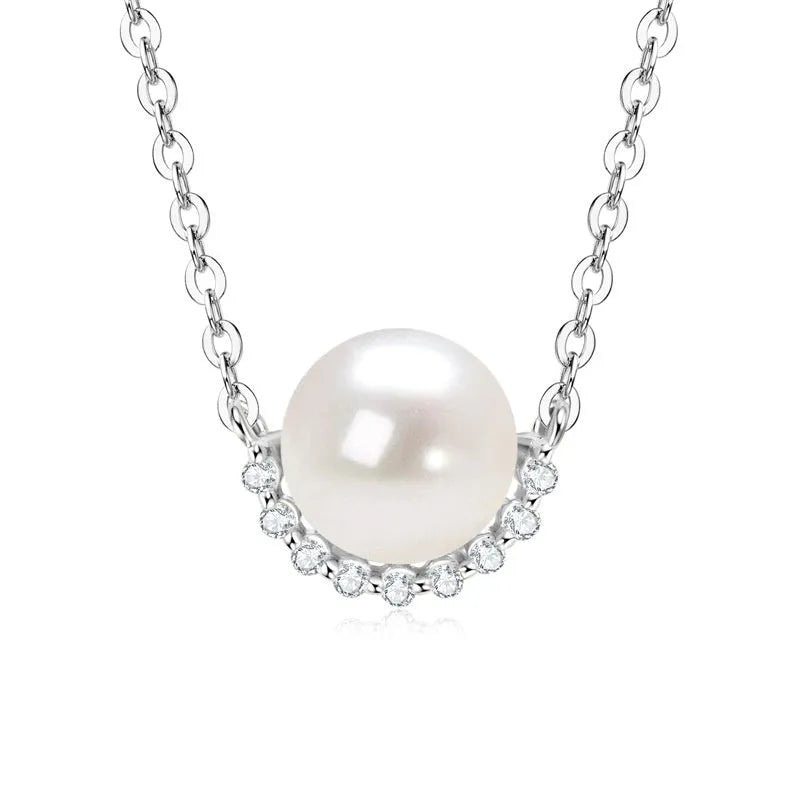 Women's 925 sterling silver geometric pendant necklace with pearl inlay and rhinestone accents, available in gold colour finish.