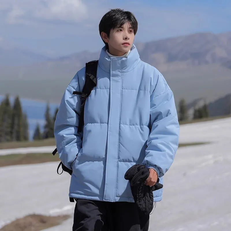 Loose down cotton puffer jacket in solid black, thickened warm, side seam pockets, sizes S to 3XL