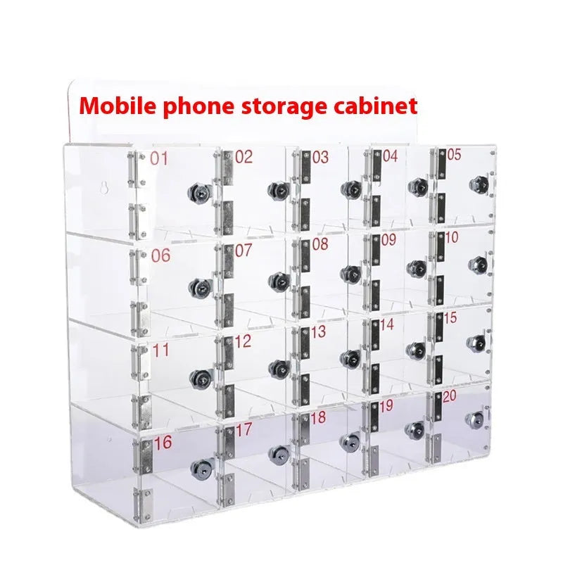 Transparent acrylic mobile phone storage cabinet with charging hole, small grid 10x5x18cm, for office desk use