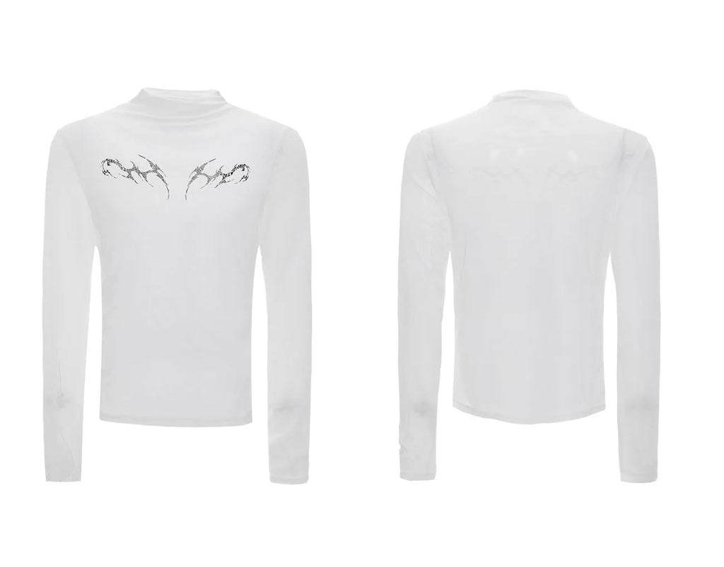 Men's black mesh long-sleeve shirt with a slim, close-fitting bottoming cut on a model.