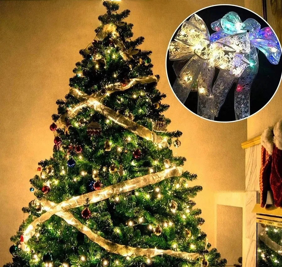 Fairy lights string with decorative cloth ribbon bow tie in colourful LED lighting for Christmas decorations