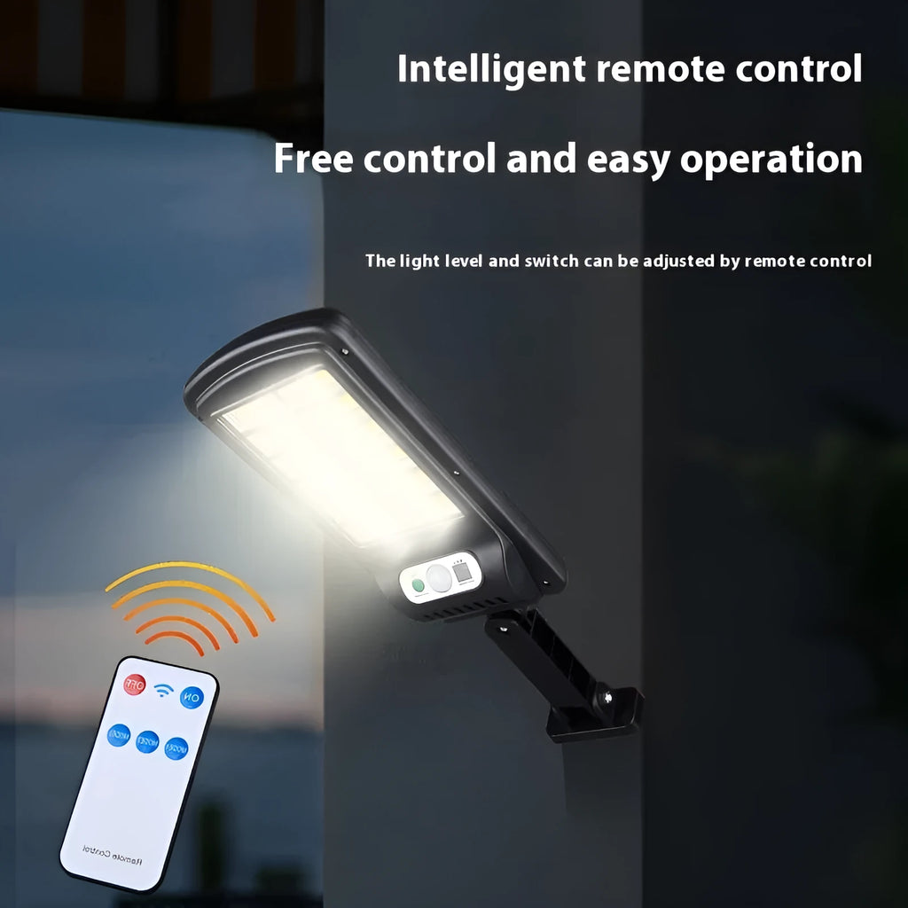 Solar induction LED outdoor wall lamp with ABS shell, 360 x 110mm size, and remote control