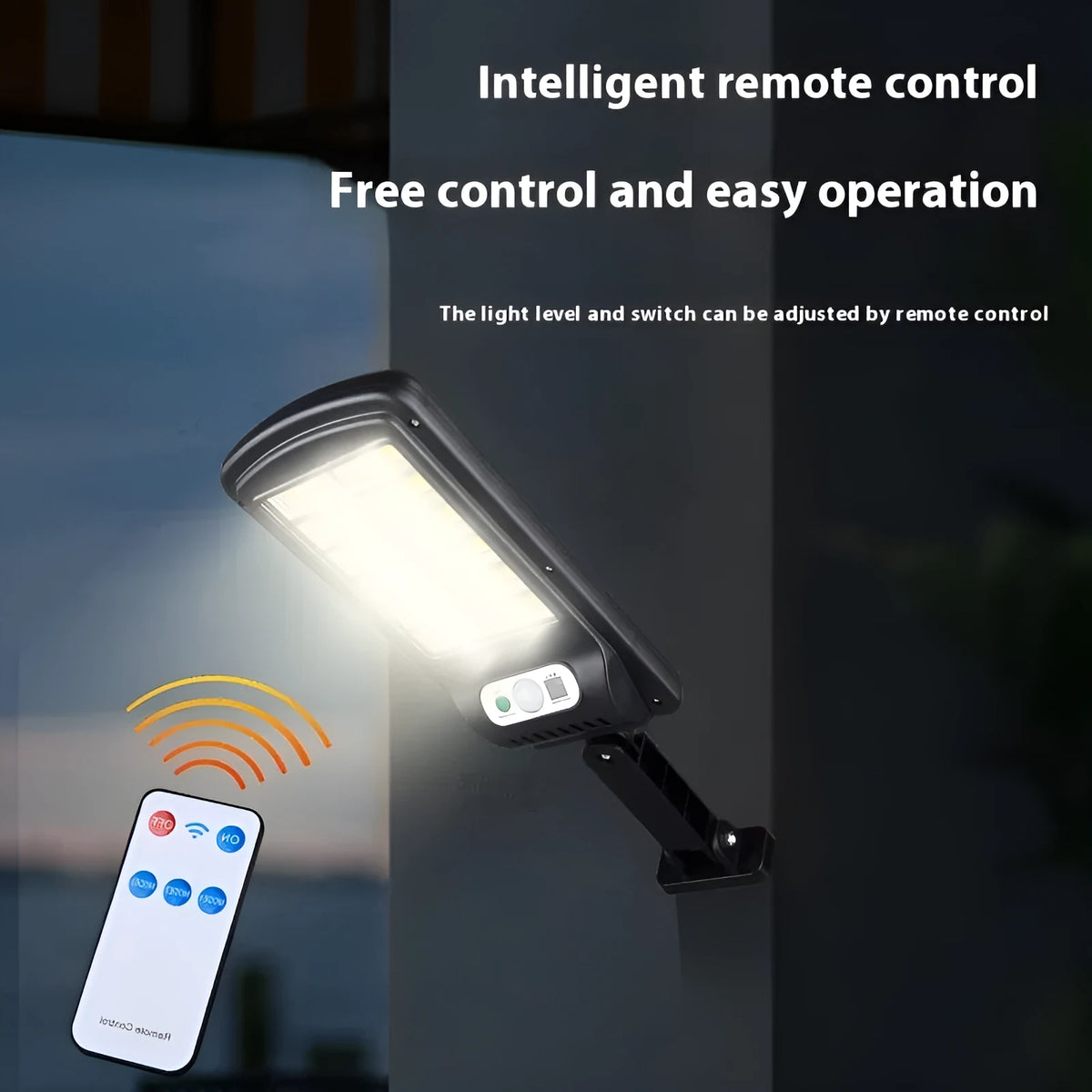 Solar induction LED outdoor wall lamp with ABS shell, 360 x 110mm size, and remote control