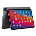 10-inch bare metal blue tablet with leather keyboard case on a desk