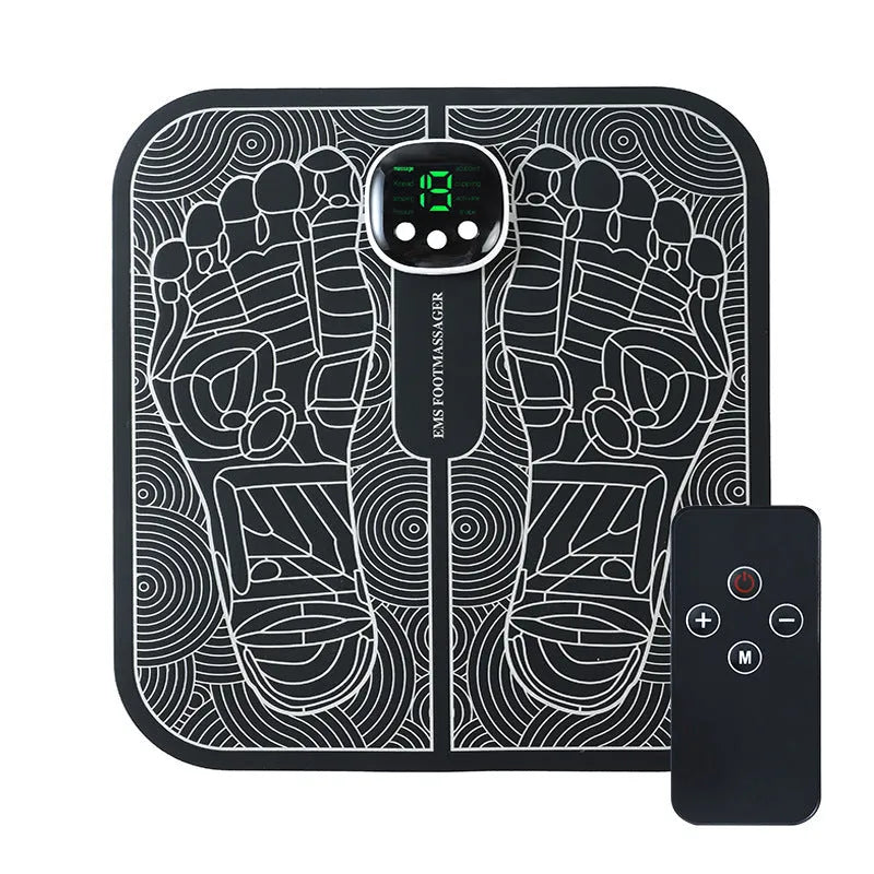 Blue rechargeable reflexology foot massager mat with remote control on a wooden floor