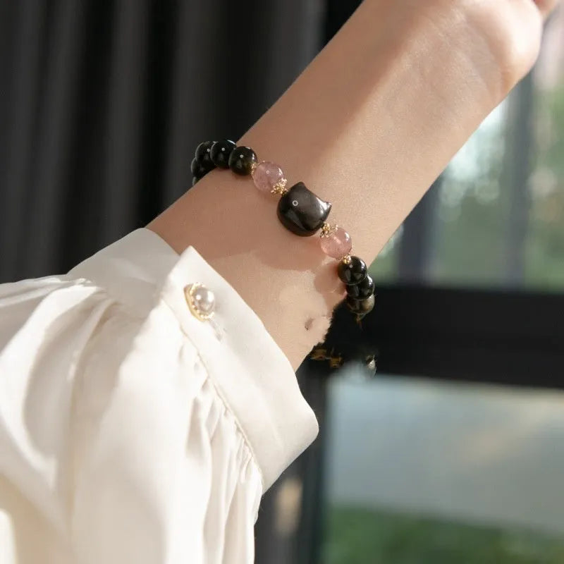 Black obsidian bracelet with 8mm beads and cat accessories on elastic cord