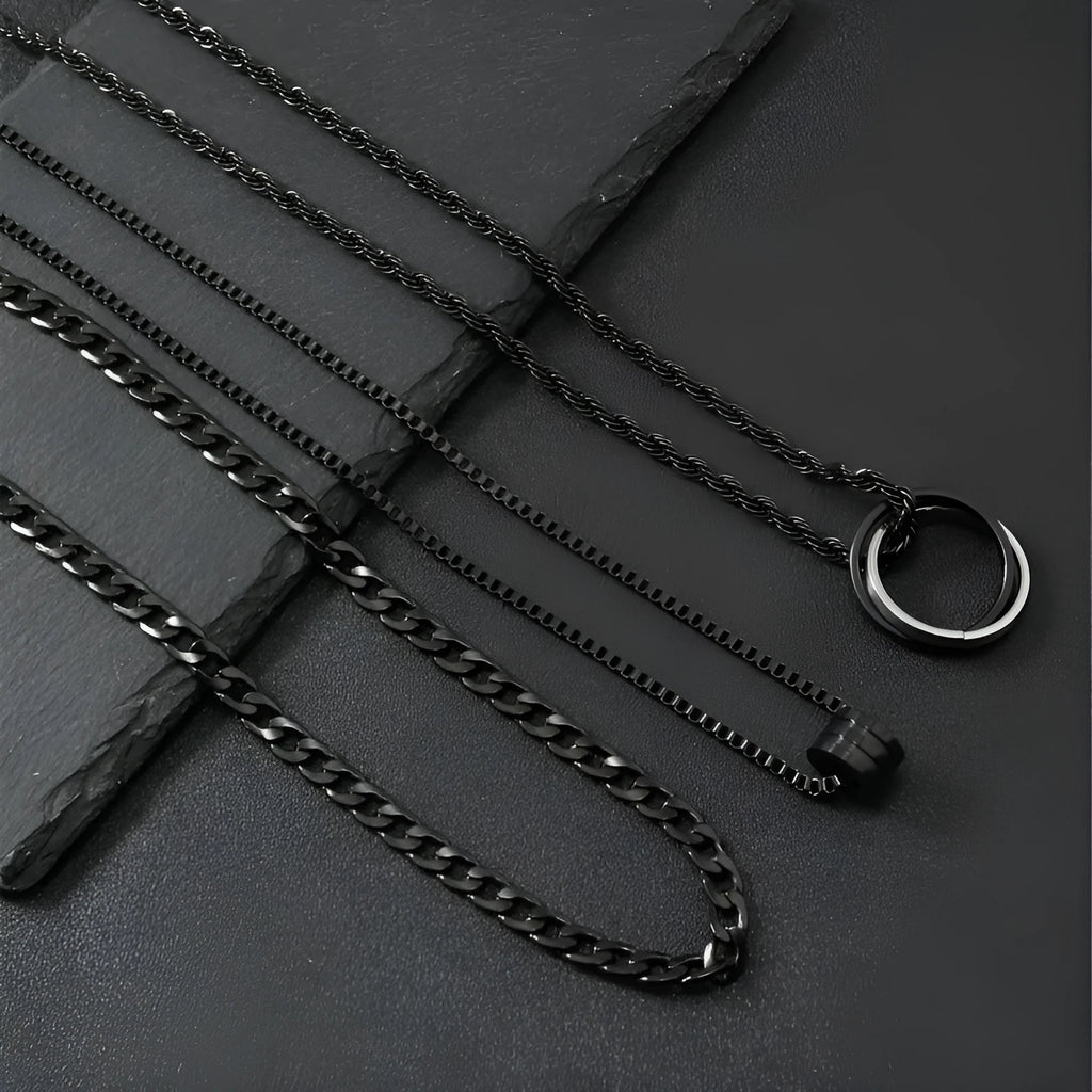 Black titanium steel necklace with cylindrical ring buckle pendant on stainless steel chain