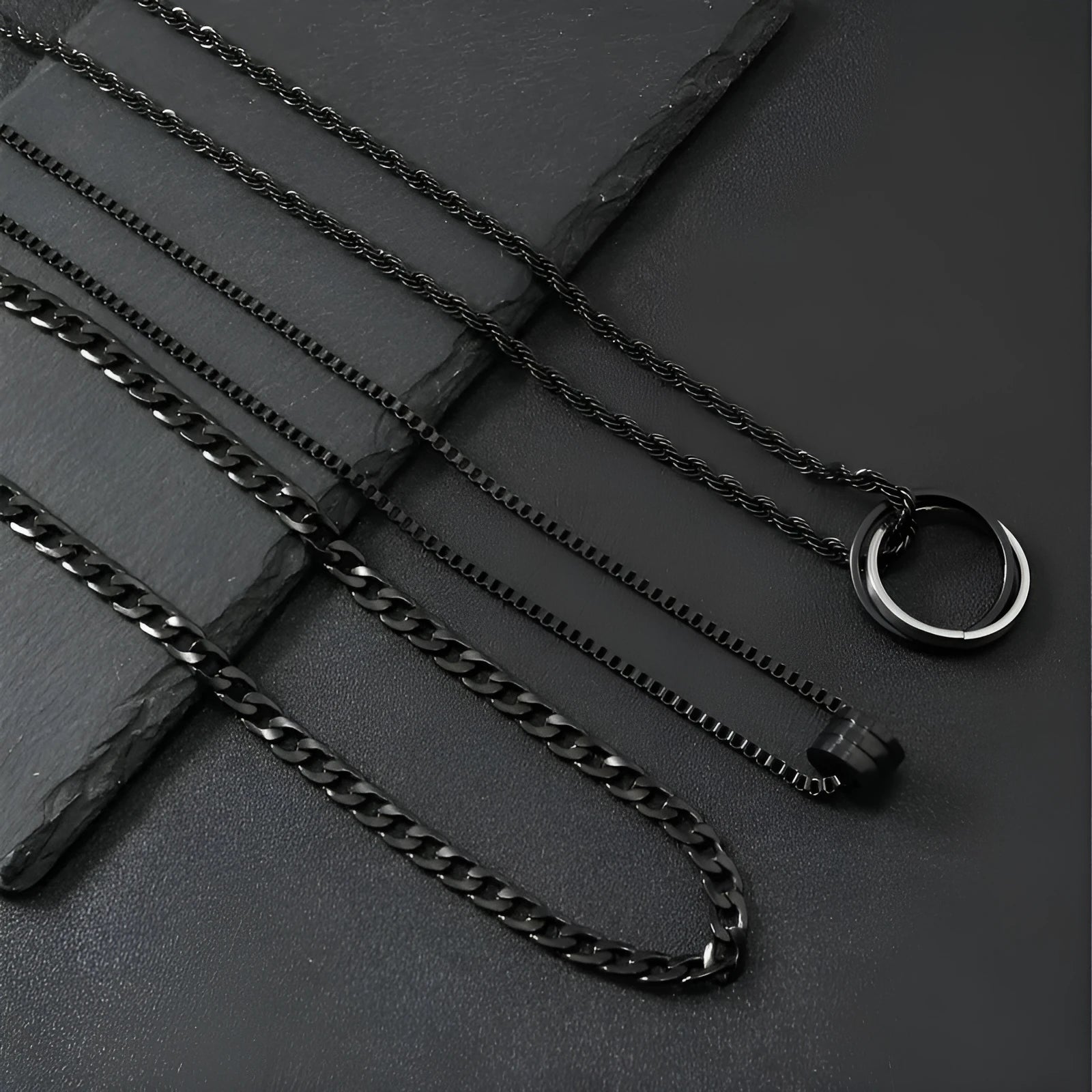 Black titanium steel necklace with cylindrical ring buckle pendant on stainless steel chain