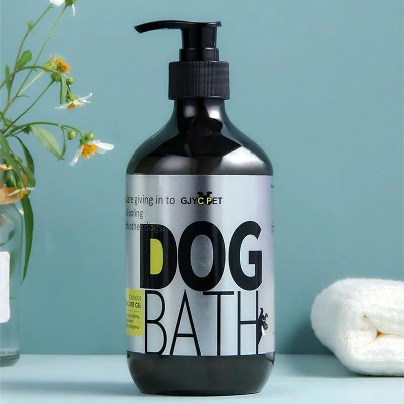 100ml antibacterial deodorising dog shower gel in a plain plastic bottle with a label