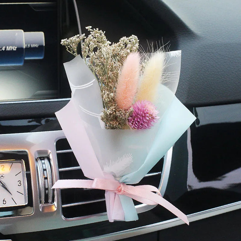 Dried flower bouquet and fragrant slice car air freshener with natural botanical decoration