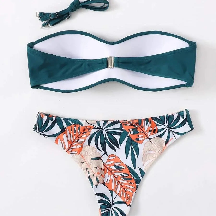 Split push up hard cup bikini swimsuit in fluorescent green on a mannequin.