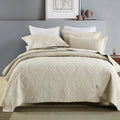 Pure cotton bed cover three-piece set showing damascus pattern in blue colourway on UK standard bed