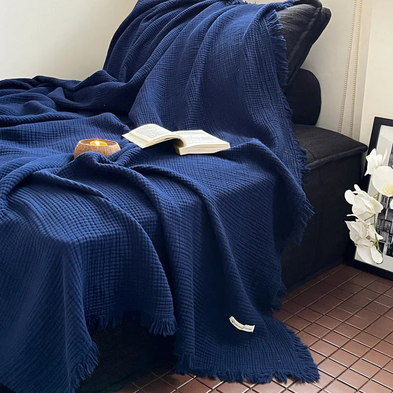 Four-layer cotton tassel blanket in navy blue, 130x170cm, chenille bedding breakdown, European style