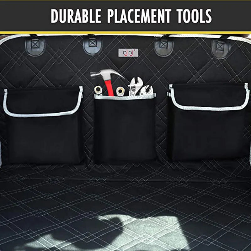 Black 600D Oxford cloth car trunk pet mat measuring 185x103cm with storage pockets for dog travel