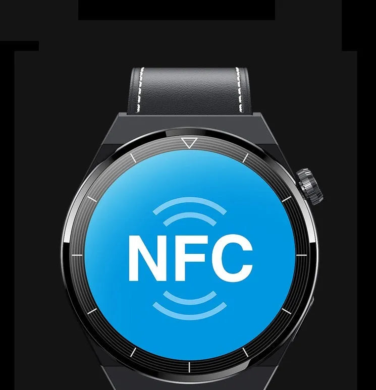 Black Bluetooth NFC smart watch with round 1.36-inch display and silicone band for Android devices
