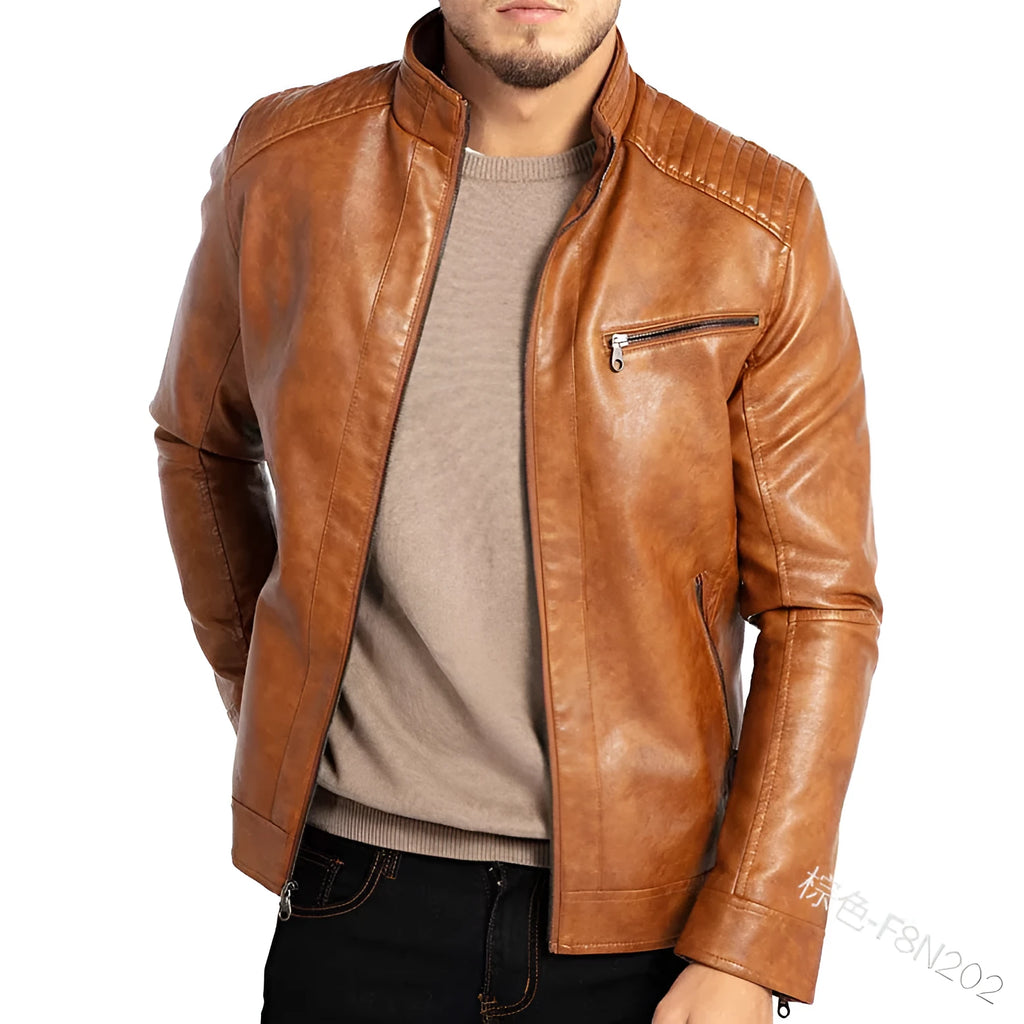 Men's brown artificial leather punk motorcycle jacket with a stand collar and patch pockets.