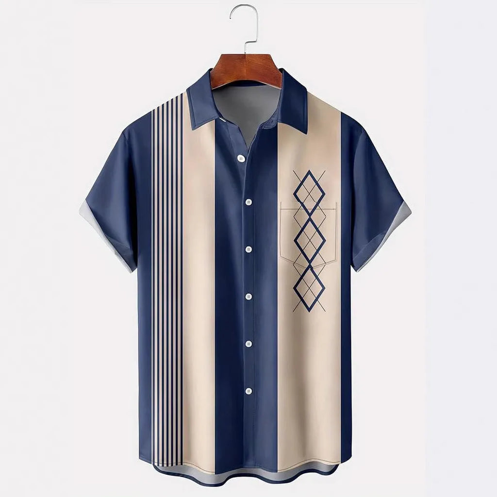 Men's plaid short-sleeved shirt with lapel cardigan style in polyester elastic fabric