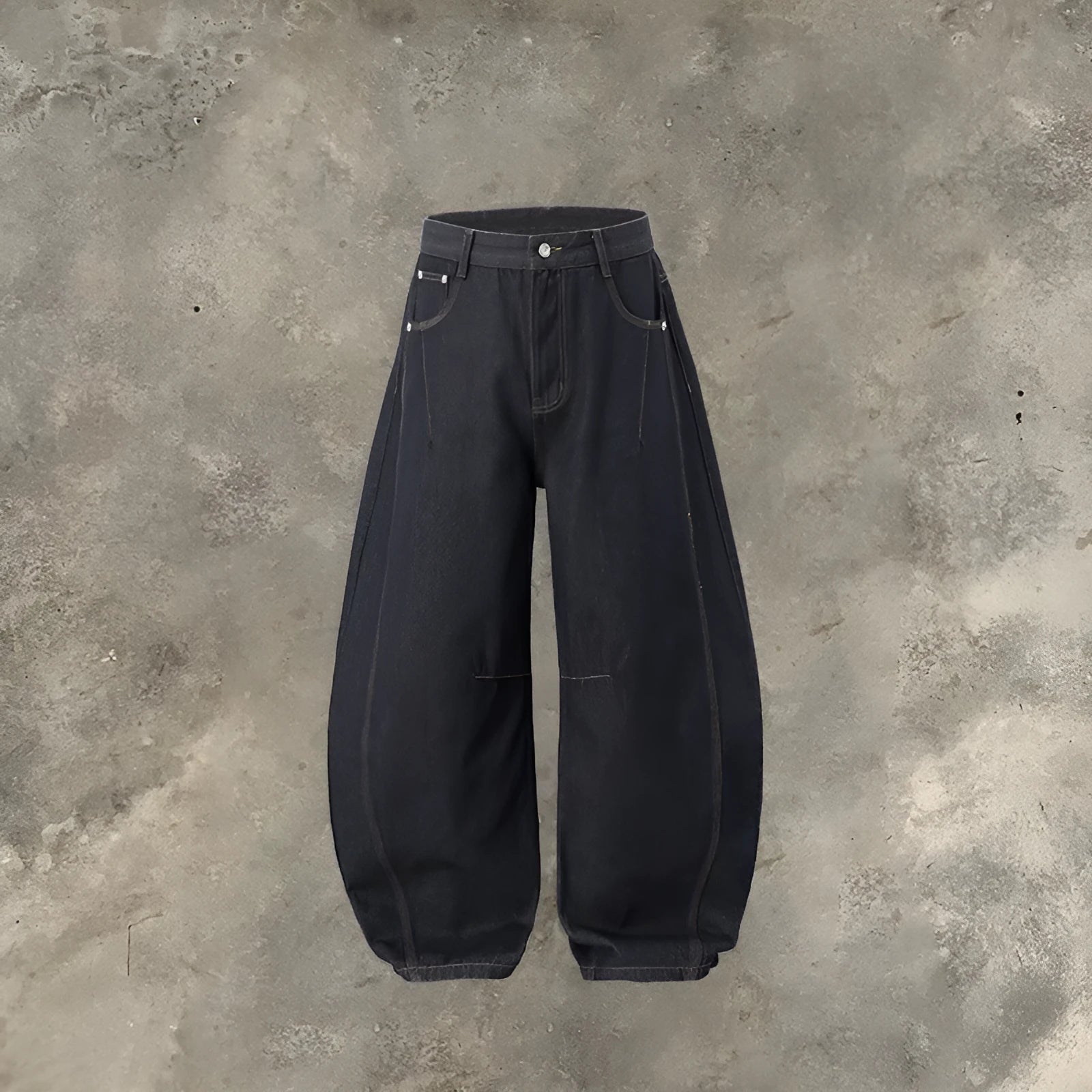 Men's wide leg denim trousers in original cow colour, showing mid-waist and relaxed fit.