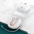 White and black square power bank with plug socket, showing 10000mAh capacity and compact size.