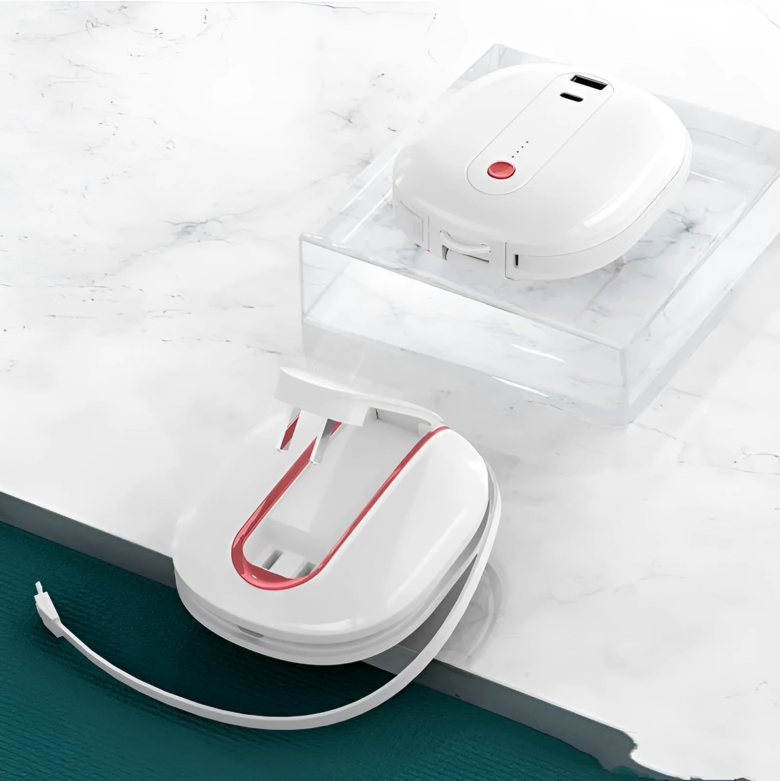 White and black square power bank with plug socket, showing 10000mAh capacity and compact size.