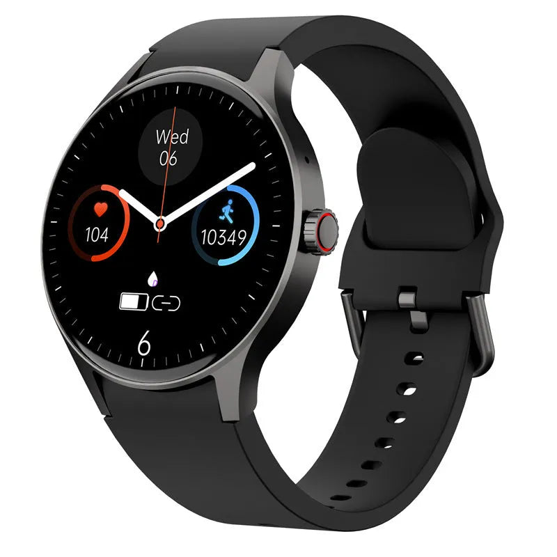 46mm diameter smart sport watch with round touchscreen displayed in black, blue, pink, or red colour options