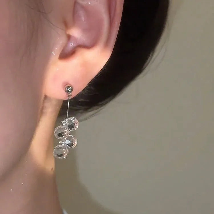 Silver needle crystal tassel earrings with geometric round shape and silver needle-silver colour for women