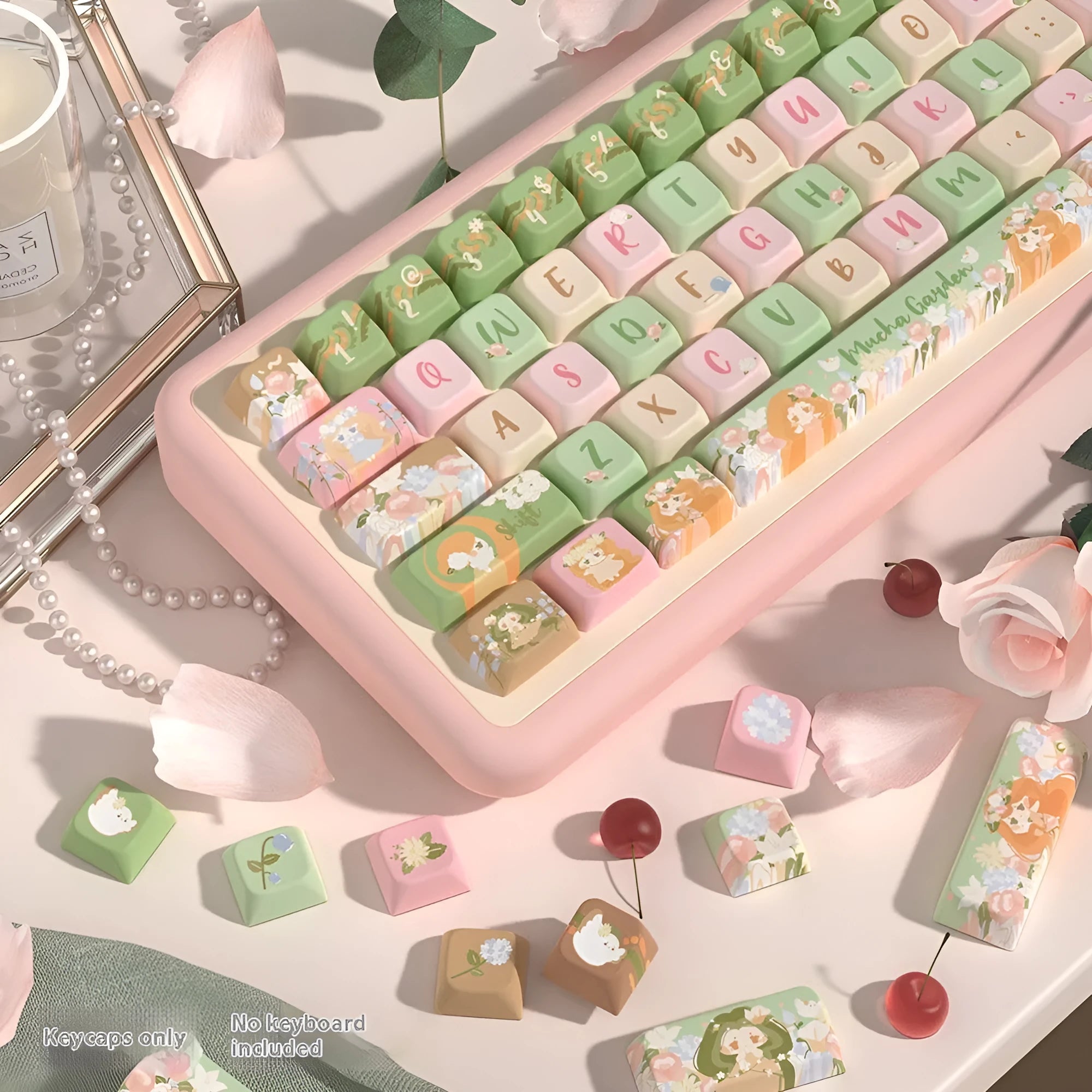 Mu Xia Garden Summer Garden design custom keycap set for mechanical keyboards, showing full 158-key layout.