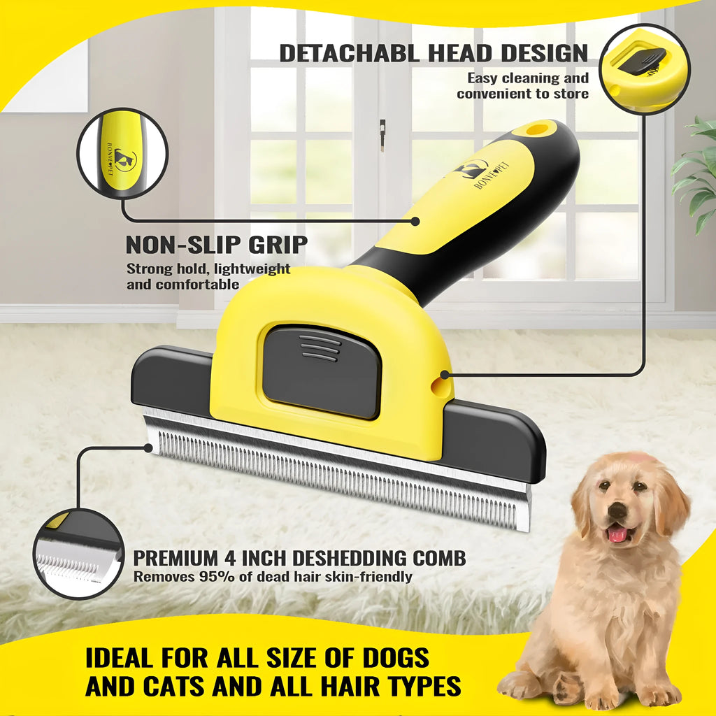 Yellow pet comb with stainless steel teeth for dog grooming and hair removal