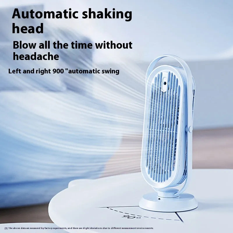 USB tower fan in dark blue with remote control on a desktop